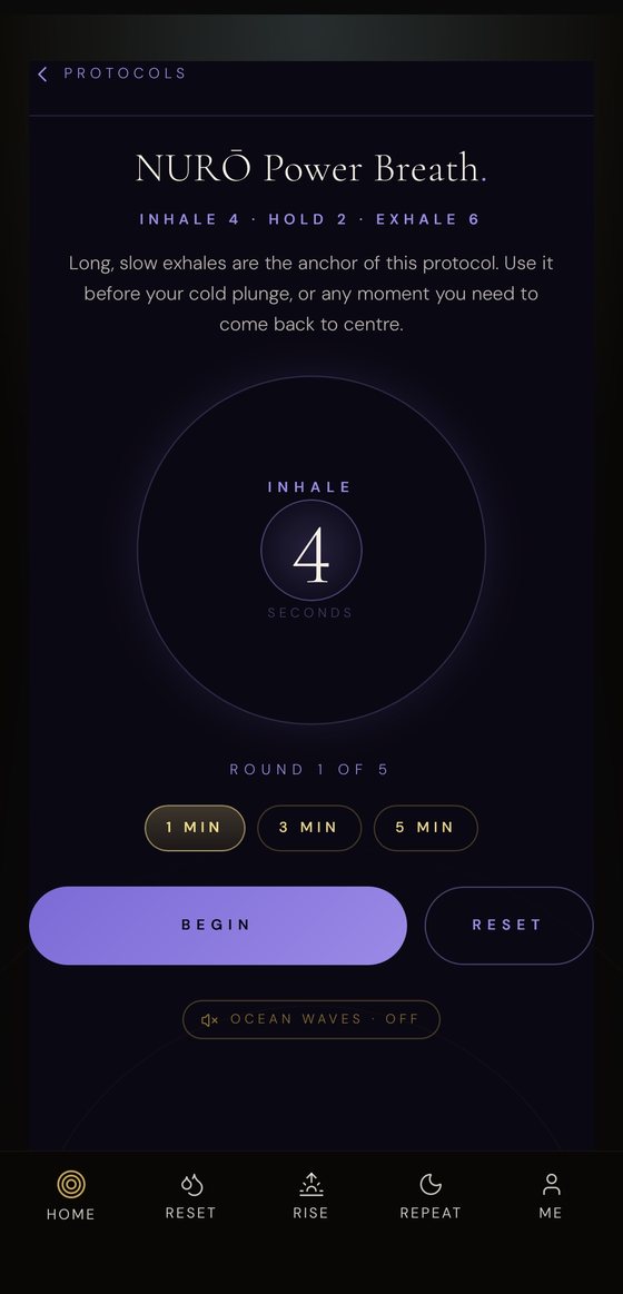 The NURŌ Power Breath protocol — inhale 4, hold 2, exhale 6