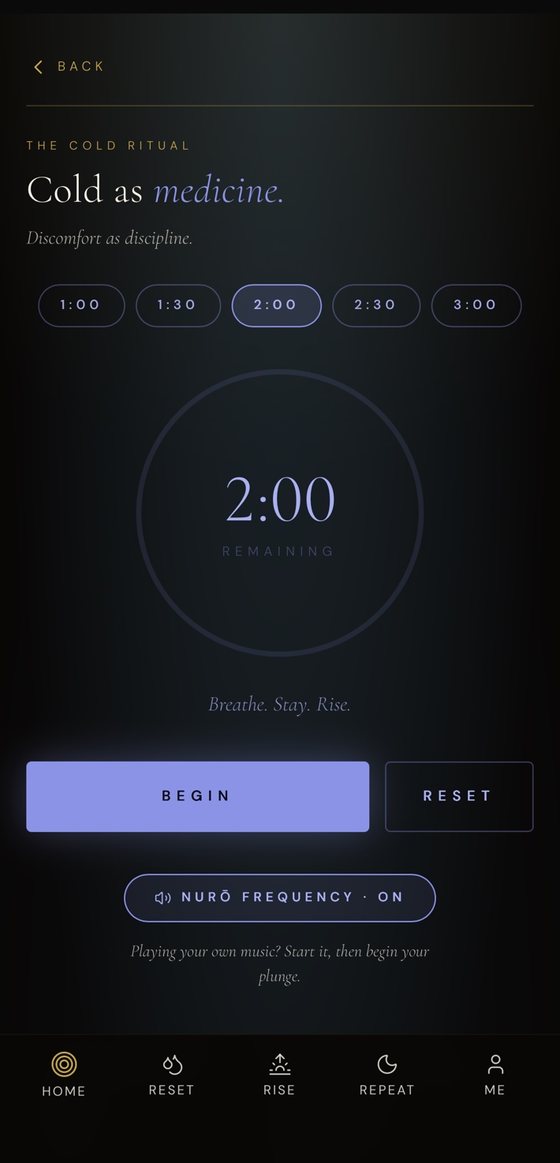 The NURŌ cold plunge timer — cold as medicine, set to two minutes