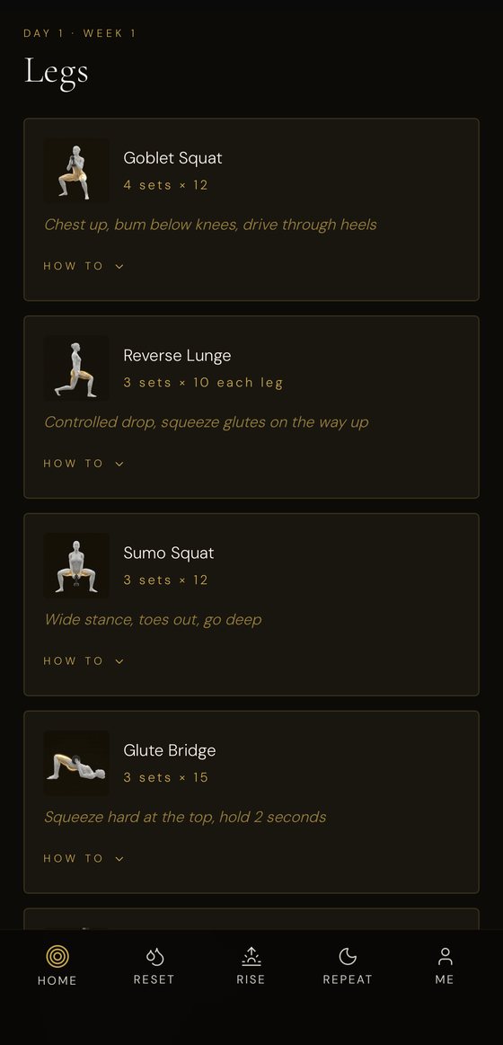 A NURŌ training day laid out exercise by exercise