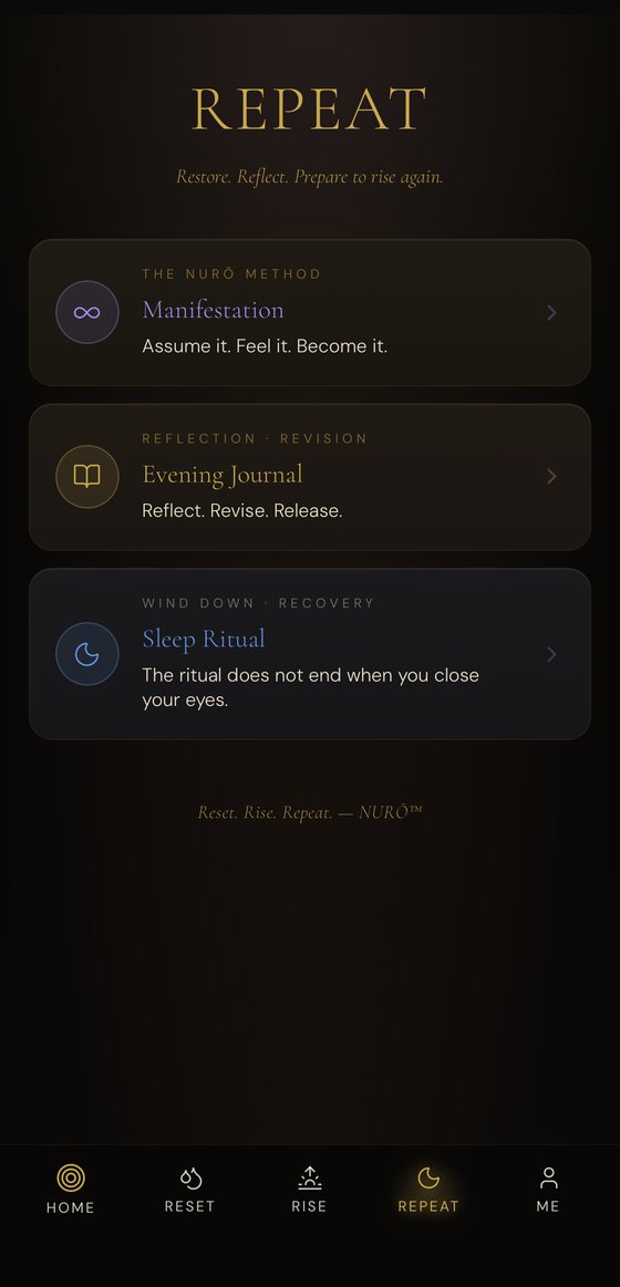 The NURŌ app Repeat screen — manifestation, evening journal and sleep ritual