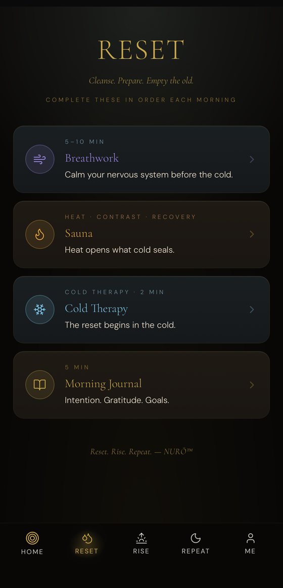 The NURŌ app Reset screen — breathwork, sauna, cold therapy and morning journal