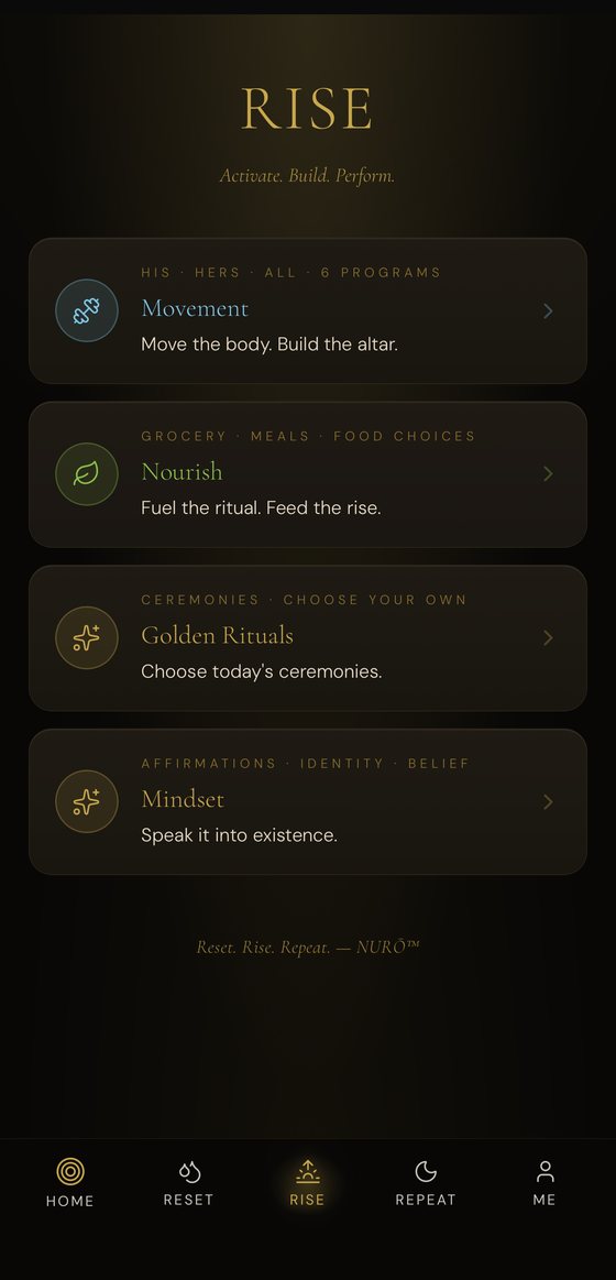 The NURŌ app Rise screen — movement, nourish, golden rituals and mindset