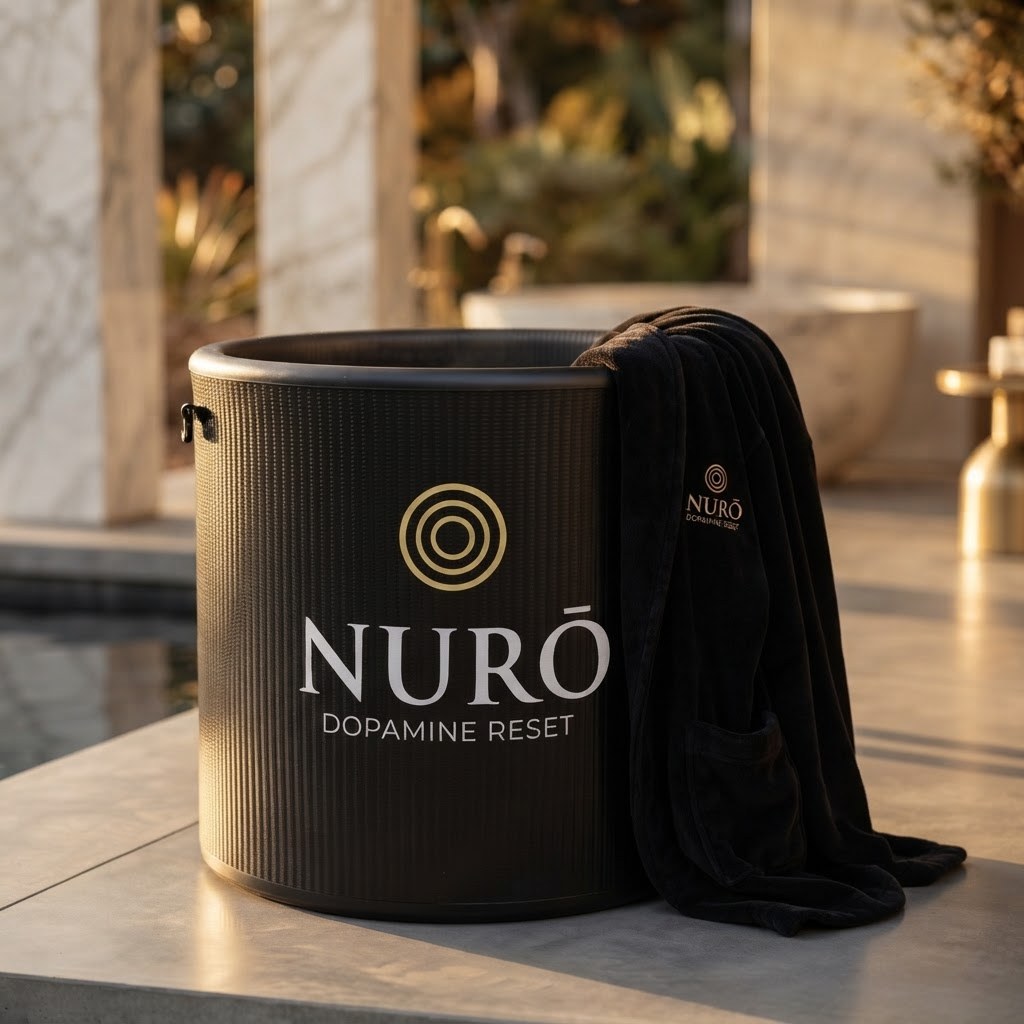 NURŌ Cold Plunge in black with the Luxury Ritual Robe draped over the rim